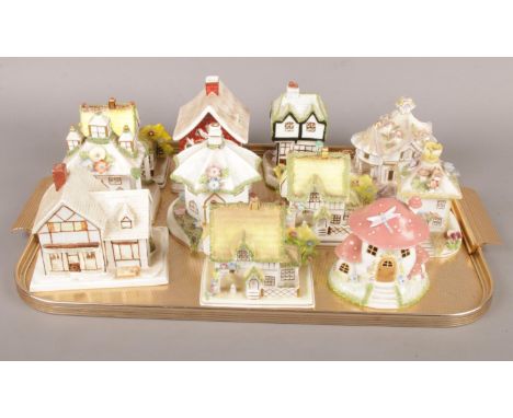 A tray of ceramic Coalport cottages. Including The Provision shop, Park Lodge, Umbrella House, etc.  
