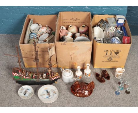 Three boxes of miscellaneous. Including model ship with figures, Hayasi Kutani part teaset, cut crystal, Port Meirion, etc.  