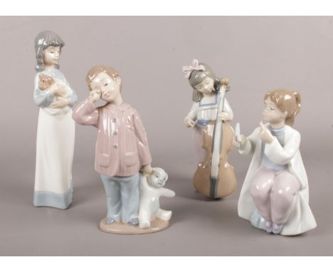 Four NAO by Lladro figurines. Boy with Teddy bear, girl with dog, girl putting lipstick on etc  damage/repair to arm of girl 