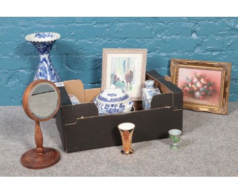 A box of miscellaneous. silver plate serving tray, vintage wooden bathroom mirror, ceramic vase etc  