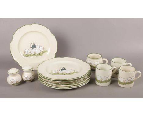 A collection of vintage F. Trauffler Ltd ceramic ware. 'Sheppard &amp; Sheep design, 7x plates, 3 x mugs, soup mug/bowl x1, s