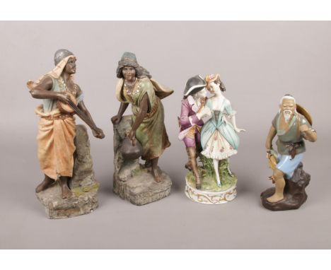 Four ceramic figures. Including Capodimonte courting figure group, clay fisherman figurine, etc.  