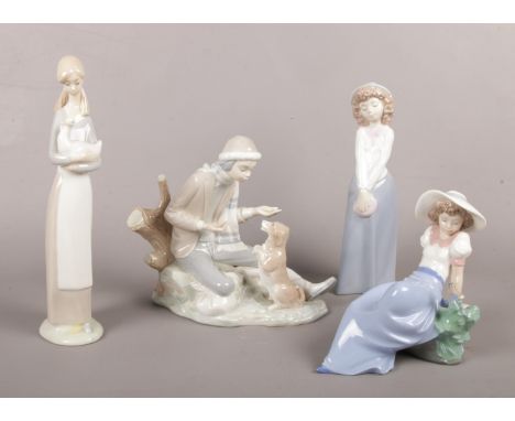 Four NAO by Lladro figurines. Boy with dog, Woman &amp; bird, Girl &amp; duck etc  