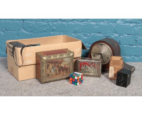 A box of miscellaneous. Kodak Baby Hawkeye (boxed), Omiya cased binoculars, mahogany mantle clock etc  