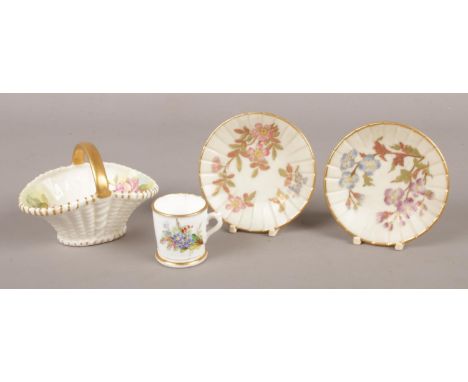Four pieces of Royal Worcester ceramics. To include two miniature dishes, dating from 1890.  Handle from the basket has been 