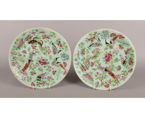 Two Twentieth Century Chinese Celadon 'Famille Rose' ceramic dishes, 26cm diameter.  