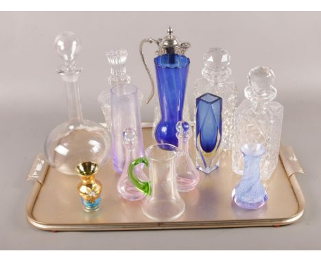 A tray of glassware. Including cut glass decanters, art glass, coloured examples, etc.  