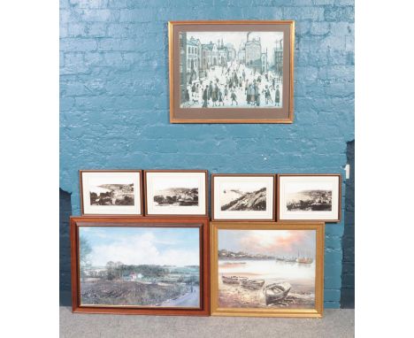 Seven framed prints. To include after L S Lowry, A Village Square, a G Fleming landscape, a Clive Madgwick landscape etc. Lar