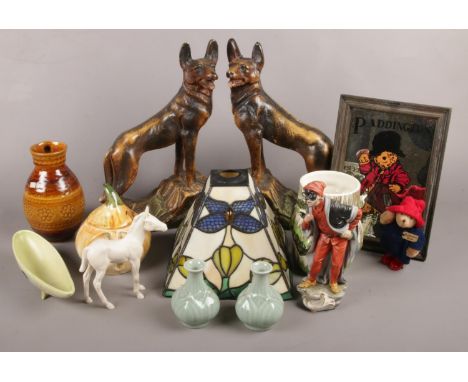 A quantity of mostly ceramics. Including pair of plaster mantel dogs, tiffany style lamp shade, Royal Doulton horse, pair of 