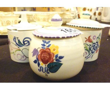 Three lidded Poole Pottery preserve pots 