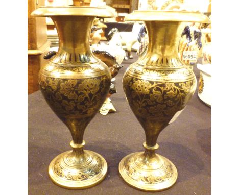 Pair of brass and enamel vases, H: 20 cm