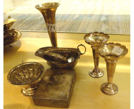 Collection of silver plated vases and a cigarette case