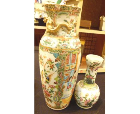 Chinese famille vert vase with gilded dragon chasing pearl decoration to neck. H: 26 cm and a further Chinese vase