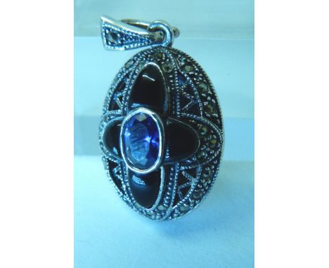 New old stock silver marcasite locket set with amethyst and onyx