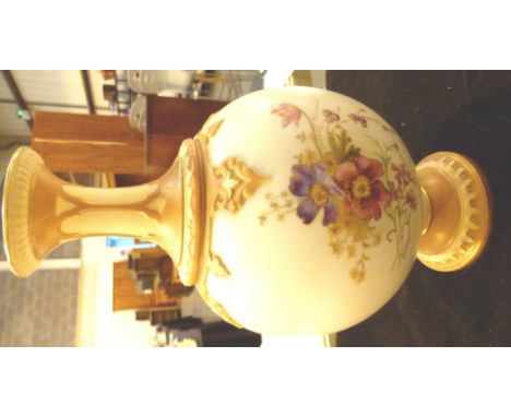 Tall Royal Worcester bulbous vase, H: 28 cm decorated with flowers with gilt highlights