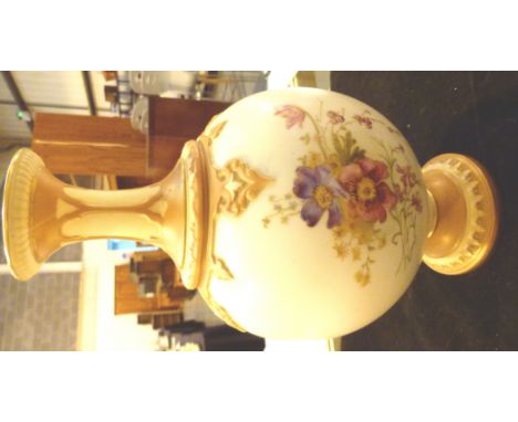 Tall Royal Worcester bulbous vase, H: 28 cm decorated with flowers with gilt highlights