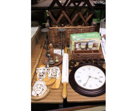 A MIXED LOT TO INCLUDE A VINTAGE 'KILVERTS LARD' ROLLING PIN, A WALL CLOCK, WALL MASKS, A WICKER BASKET, AN APPLE PARER, A WA