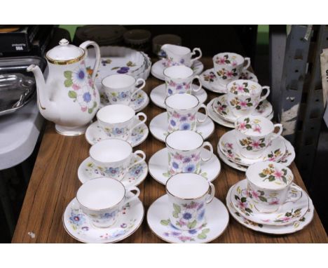 A QUANTITY OF VINTAGE TEAWARE TO INCLUDE A ROYAL STAFFORD COFFEE POT, COFFEE BEAKERS, SAUCERS, CROWN STAFFORDSHIRE 'WINDEMERE