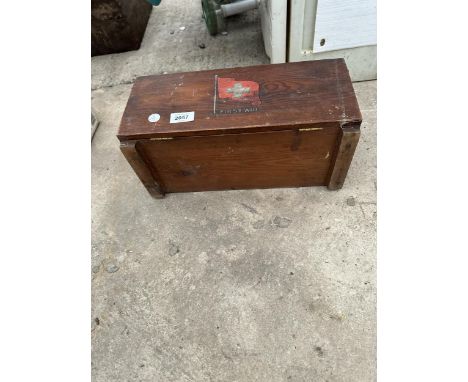 A VINTAGE WOODEN FIRST AID BOX WITH INTERNAL DRAWER