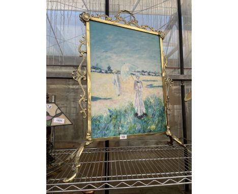 A VINTAGE BRASS FIRE SCREEN WITH OIL ON BOARD SCENE