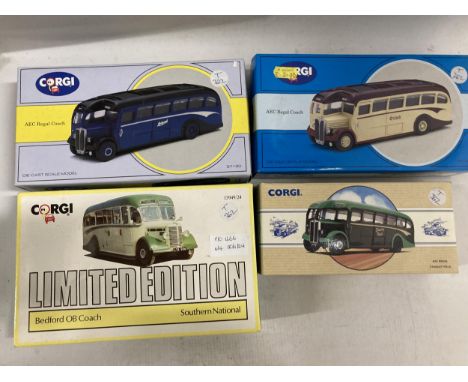 FOUR CORGI MODELS OF VINTAGE COACHES TO INCLUDE, LIMITED EDITION BEDFORD OB COACH, SOUTHERN NATIONAL, AEC REGAL NO. 97189, AE
