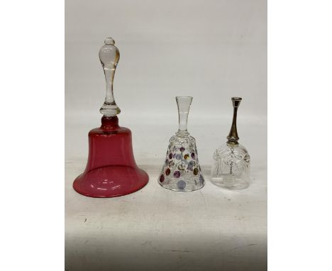 THREE GLASS BELLS TO INCLUDE A VINTAGE HAND BLOWN VICTORIAN CRANBERRY GLASS WEDDING BELL, ETC