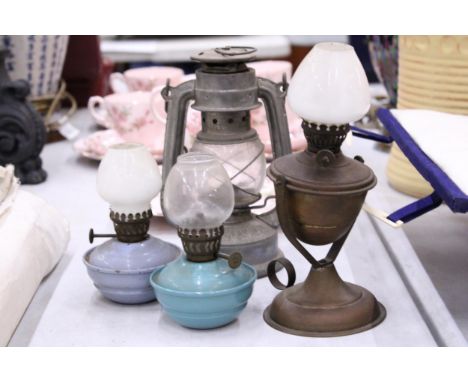 TWO VINTAGE MINI KELLY PIXIE OIL LAMPS WITH SHADES TOGETHER WITH A HURRICANE LANTERN AND ANOTHER