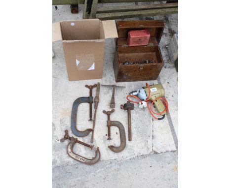 AN ASSORTMENT OF ITEMS TO INCLUDE G CLAMPS, A DRILL AND A TOOL BOX ETC