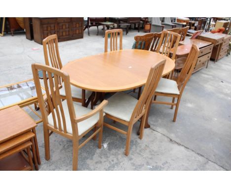 A RETRO TEAK GATE LEG DINING TABLE, 63" X 36" OPENED AND SIX CHAIRS, TWO BEING CARVERS