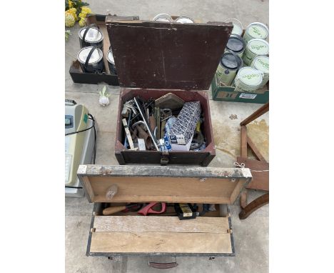 TWO VINTAGE WOODEN JOINERS CHESTS TO INCLUDE AN ASSORTMENT OF TOOLS TO INCLUDE TAP AND DIES, BRACE DRILLS AND HAMMERS ETC