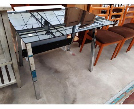 A BLACK GLASS DINING TABLE ON POLISHED CHROME LEGS, 39.5" X 27.5"