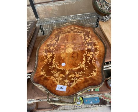 A VINTAGE INLAID WALNUT TRAY WITH BRASS GALLERY SIDES AND HANDLES