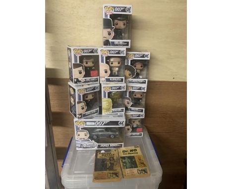 NINE JAMES BOND 'FUNKO' POP FIGURES TO INCLUDE JAMES BOND WITH ASTON MARTIN DB5 PLUS TWO PAPERBACK JAMES BOND BOOKS, DR NO AN