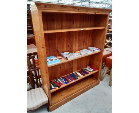 A PINE FOUR TIER OPEN DISPLAY SHELF UNIT, 60" WIDE TOGETHER WITH A QUANTITY OF BOOKS AND BOOKMARKS