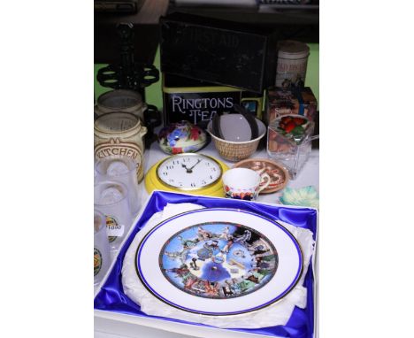 A MIXED LOT TO INCLUDE A BOXED ROYAL CROWN DUCHY CABINET PLATE, STONEWARE JARS, TINS INCLUDING A VINTAGE BOOTS FIRST AID TIN,