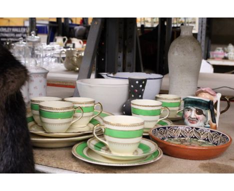 A MIXED LOT TO INCLUDE VINTAGE WEDGWOOD CUPS, SAUCERS AND PLATES, A LARGE MORTAR BOWL, SMALL TOBY JUGS, AN ENAMEL MIXING BOWL