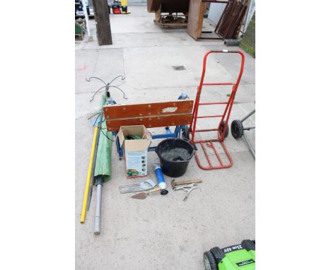 A METAL FOLDING TWO WHEELED SACK TRUCK, A PARASOL, A FOLDING WORKMATE AND FURTHER TOOLS ETC