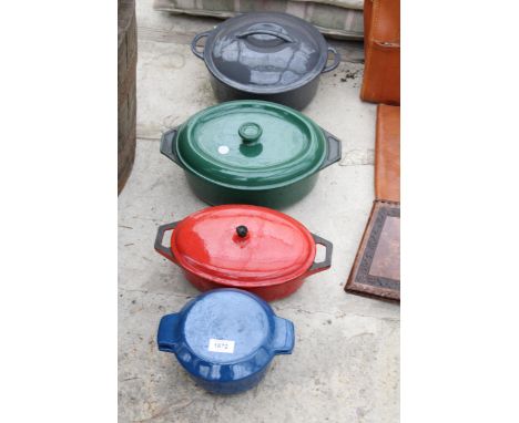 FOUR VARIOUS CAST IRON LIDDED COOKING POTS