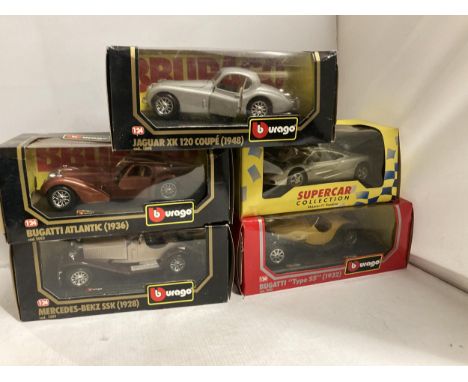 FIVELARGE BOXED CARS TO INCLUDE BURAGO MERCEDES BENZ,BUGATTI ATLANTIC,JAGUAR XK120 COUPE,BURATTI TYPE 55 AND A MAISTO MCLAREN