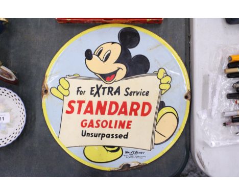 AN ENAMEL SIGN 'STANDARD GASOLINE' WITH MICKEY MOUSE, DIAMETER 31CM