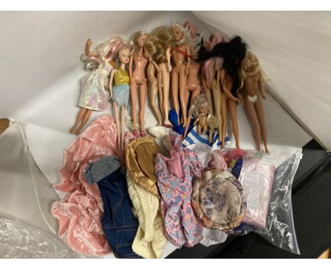 TWELVE BARBIE AND SIMBA DOLLS, A BAG OF ACCESSORIES AND VARIOUS LARGER DOLL'S CLOTHING