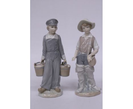 TWO LLADRO FIGURES - BOY GOING FISHING (MISSING ROD) AND A BOY WITH PAILS