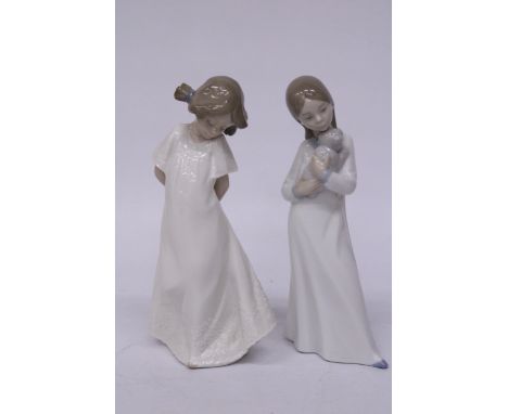 TWO NAO FIGURINES - GIRL WITH A PUPPY AND SO SHY