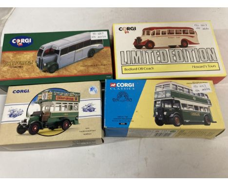 FOUR CORGI MODELS OF VINTAGE COACHES TO INCLUDE A LIMITED EDITION BEDFORD OB COACH, HOWARD'S TOURS, A GREY GREEN AEC REGAL NO