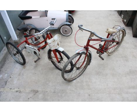 A CHILD'S VINTAGE TRICYCLE WITH FRONT BASKET AND A CHILD'S VINTAGE BICYCLE