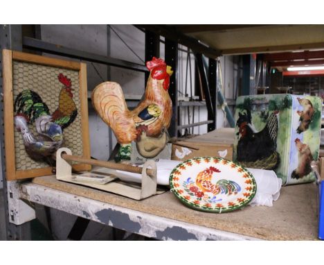 A QUANTITY OF CHICKEN RELATED ITEMS TO INCLUDE ORNAMENTS, A TAPESTRY, TIN, BOXES, ETC