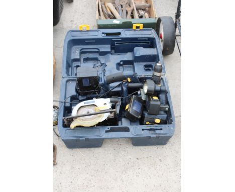 A CASED PRO BATTERY POWER TOOL SET COMPRISING OF A DRILL, JIGSAW, A SAW AND A TORCH ETC