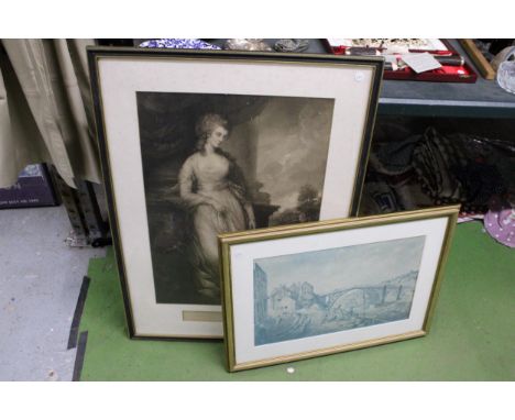 TWO FRAMED PRINTS TO INCLUDE A LARGE 'HER GRACE THE DUCHESS OF DEVONSHIRE'. LABEL TO REVERSE READS "ENGRAVED BY BARNEY AFTER 