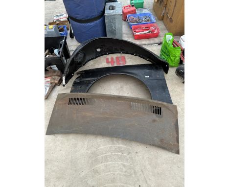 THREE VINTAGE CAR PANELS TO INCLUDE A FORNT WHEEL ARCH