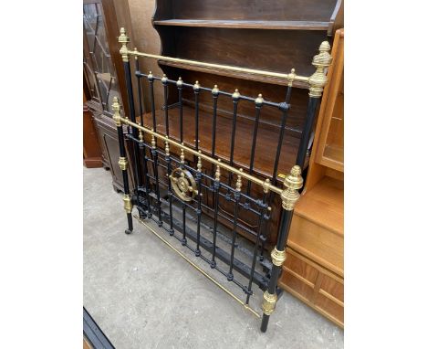 A VICTORIAN STYLE 4' 6" BRASS AND IRON BEDSTEAD